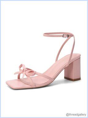 Bow Strappy Block Heel Sandals Square Toe Buckle Ankle Strap